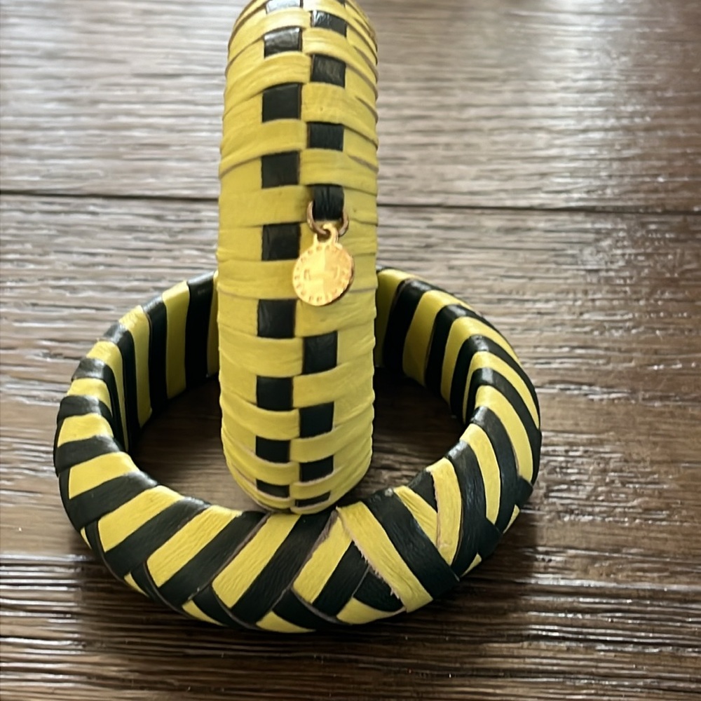 Adolfo Dominguez Black and Green Leather Wrapped Bangle Bracelets. - Picture 5 of 8
